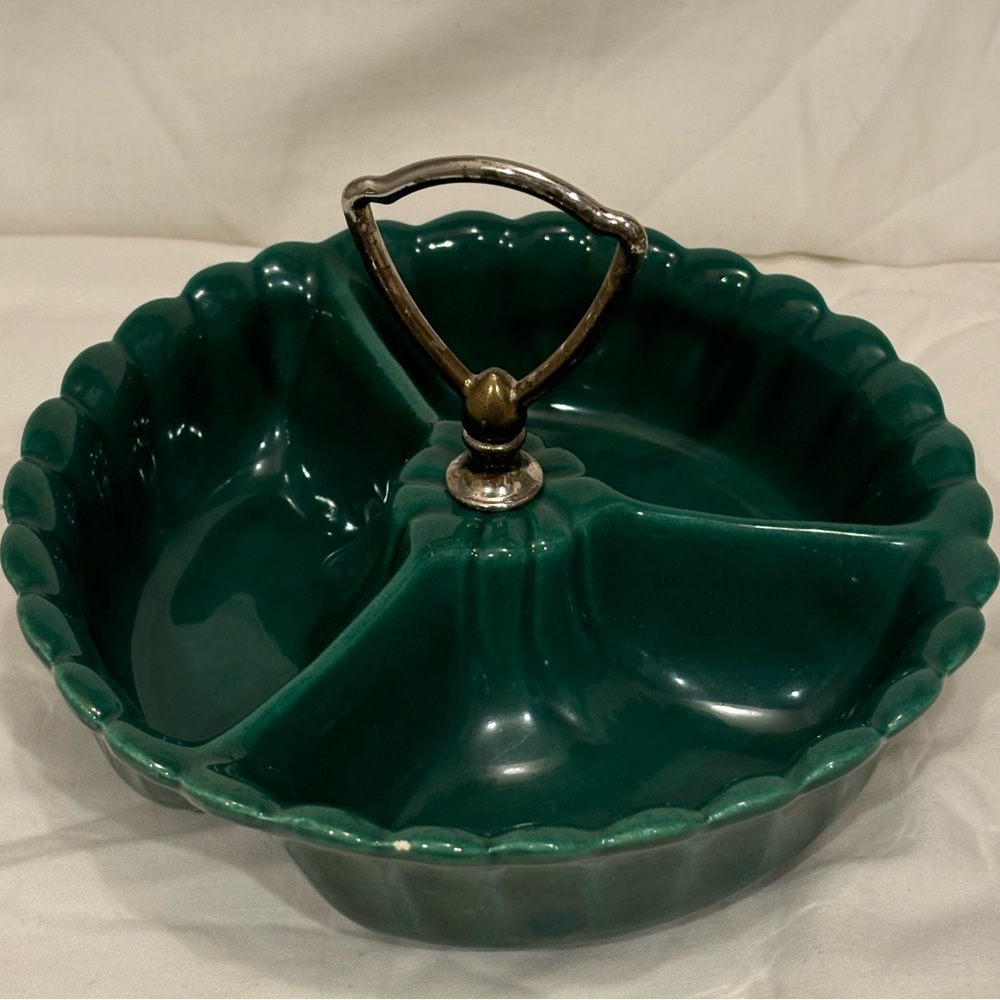 Vintage deep green ceramic server USA 3 slots round